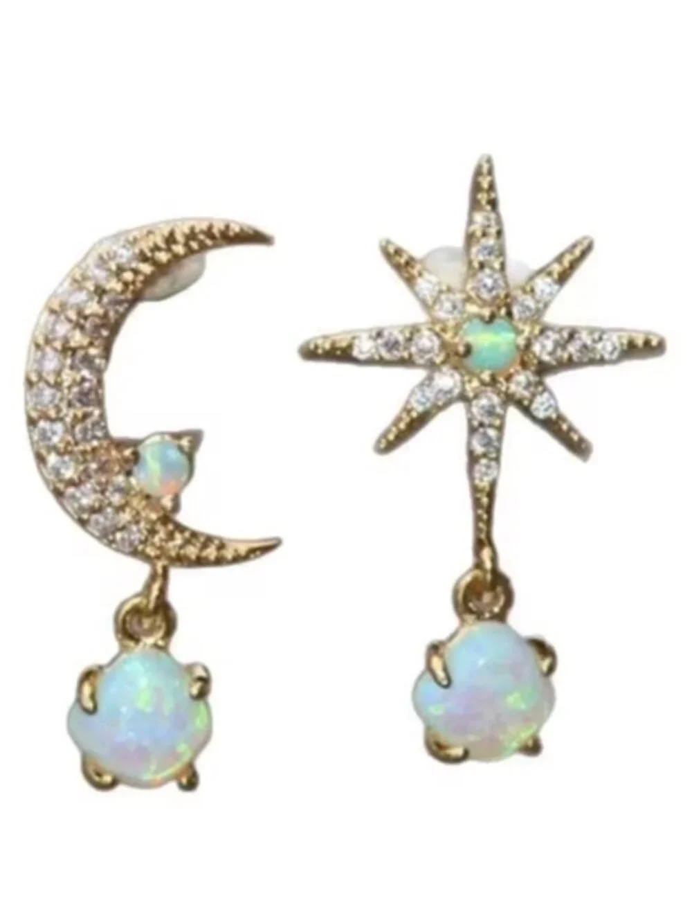 DESIGNER Moon & Starburst Gold Clear Crystal/Faux Opal Mismatch Earrings**NEW!